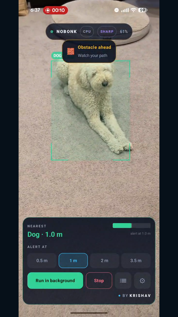 Actual NoBonk screen on Pixel 9a showing a detected dog, estimated distance, sensitivity controls and By Krishav credit